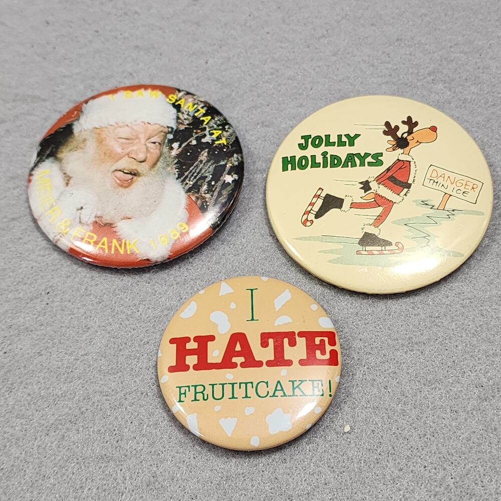 Christmas Themed Pin-Back Button Pins Lot of 3 Santa Moose Fruitcake Vintage